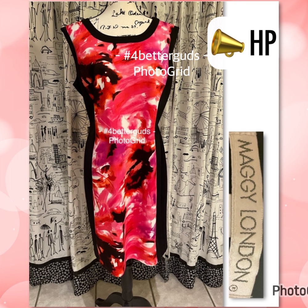 Maggy London Sleeveless Dress Abstract Floral Watercolor Brush Pink Red Black 14